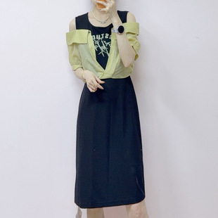 2026年夏季新款时尚气质休闲运动风时髦露肩衬衣拼接连衣裙169