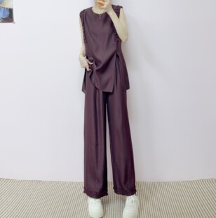 2026年春季新品荷叶边圆领背心马甲+直筒阔腿裤两件套套裤055