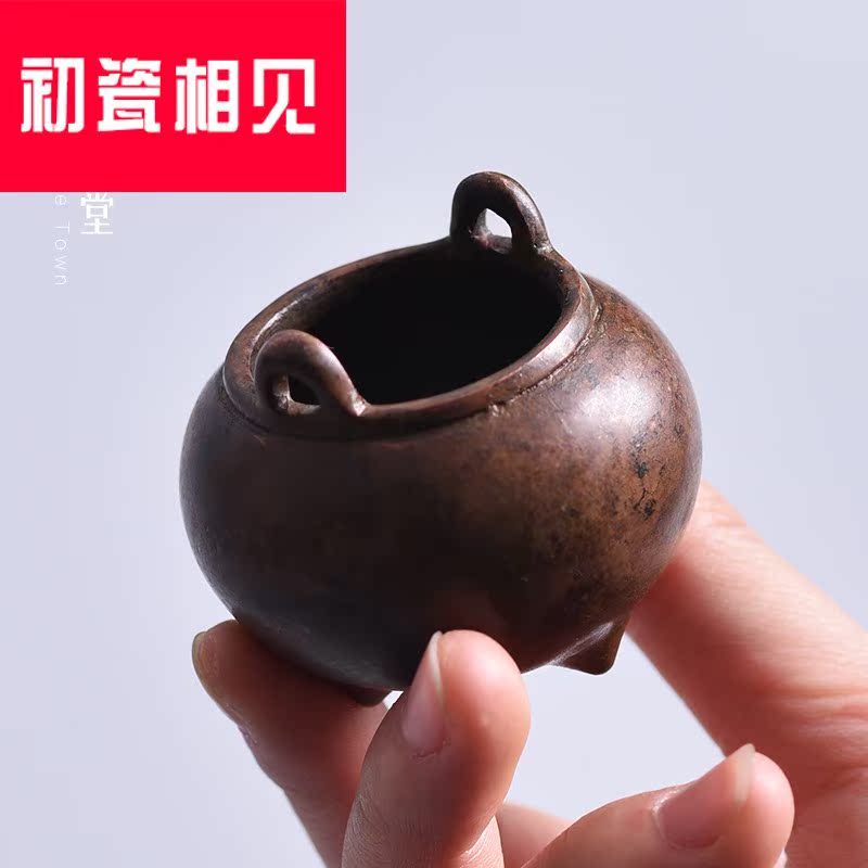 初瓷相见仿古纯铜小香炉迷你线香插小号三足双耳炉香座黄铜紫铜做