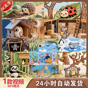 高清粗线条卡通动物萌宠池塘花鸟童趣治愈线条漫画视频素材