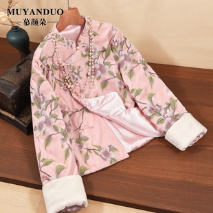 外套丝绒重工刺绣年轻款 冬季 国风新中式 夹棉棉服棉袄 桃花朵朵