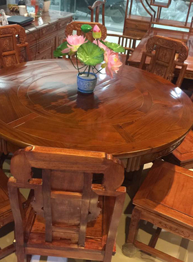 新中式实木饭桌老榆木家用客厅圆形如意象头餐桌椅组合简约郑州