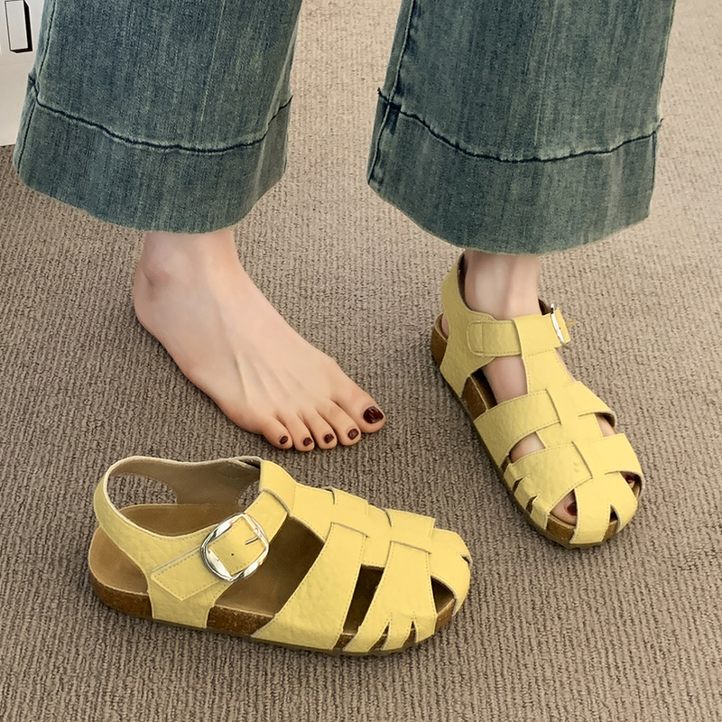 品牌黄色勃肯鞋包头凉鞋女款2025新款爆款夏季配裙子编织猪笼罗马