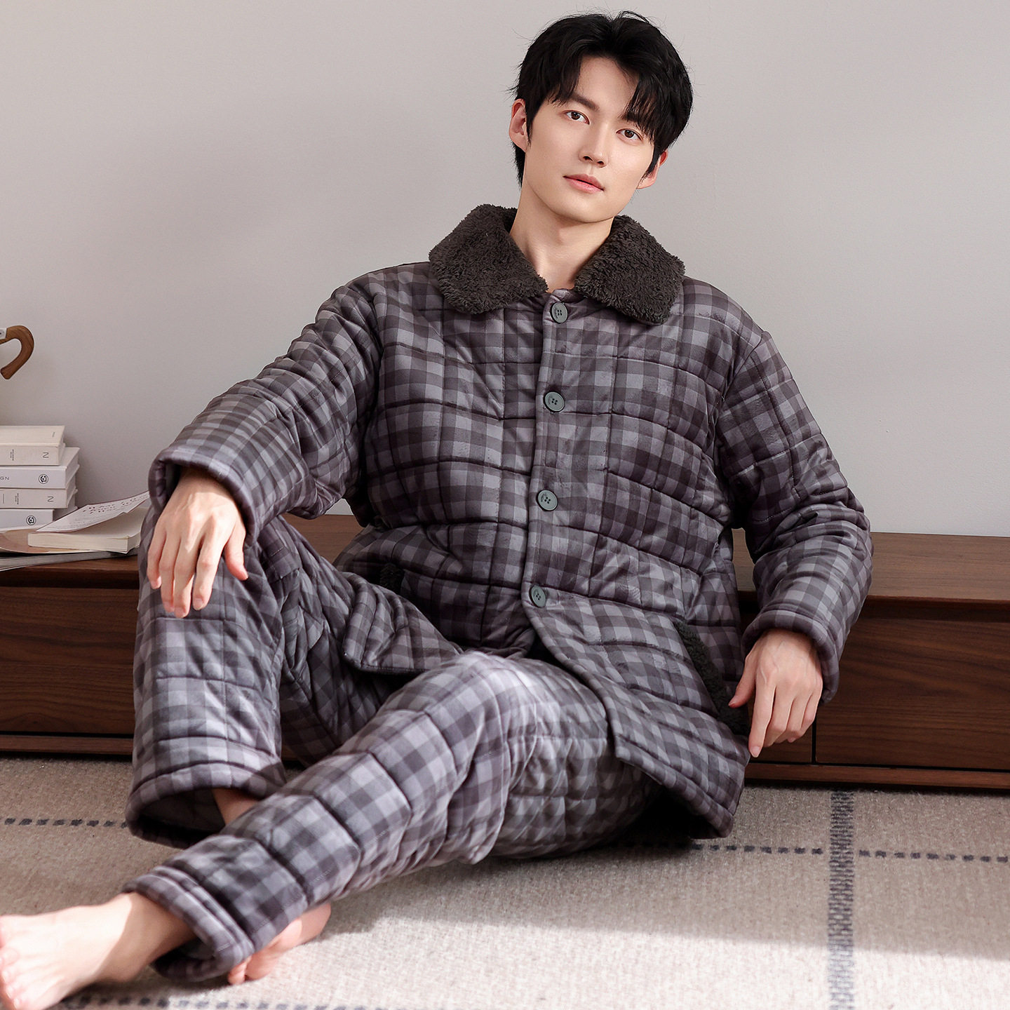 睡衣男冬季珊瑚绒三层加厚加绒夹棉新款格子中年爸爸大码家居服