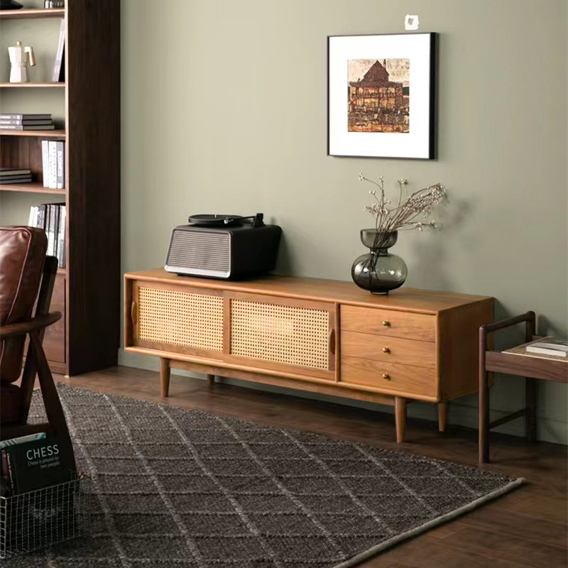 日式复古实木藤编电视柜现代简约小户型家用客厅电视机柜黑胡桃色