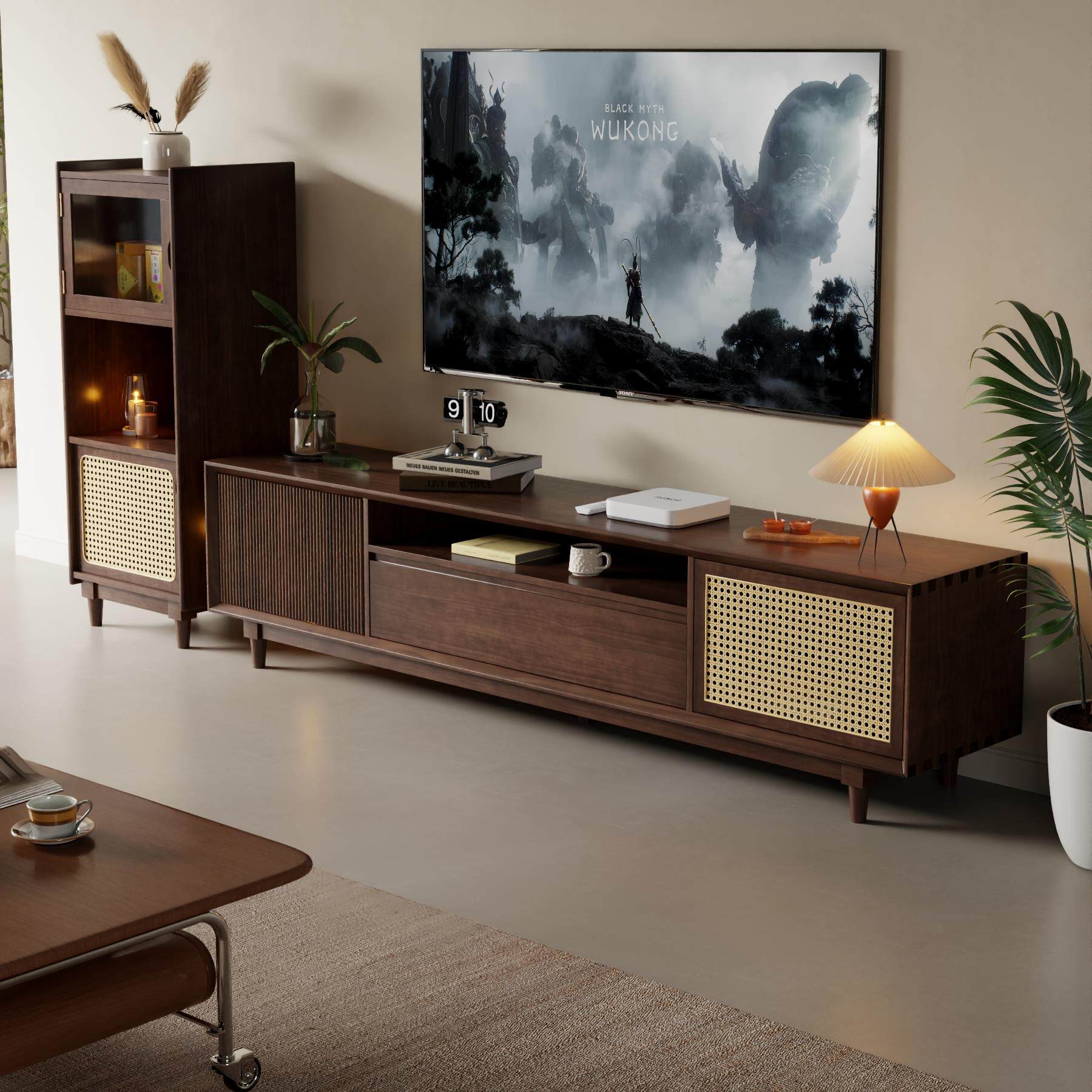 复古实木电视柜黑胡桃木色电视机柜中古小户型客厅藤编收纳置物柜