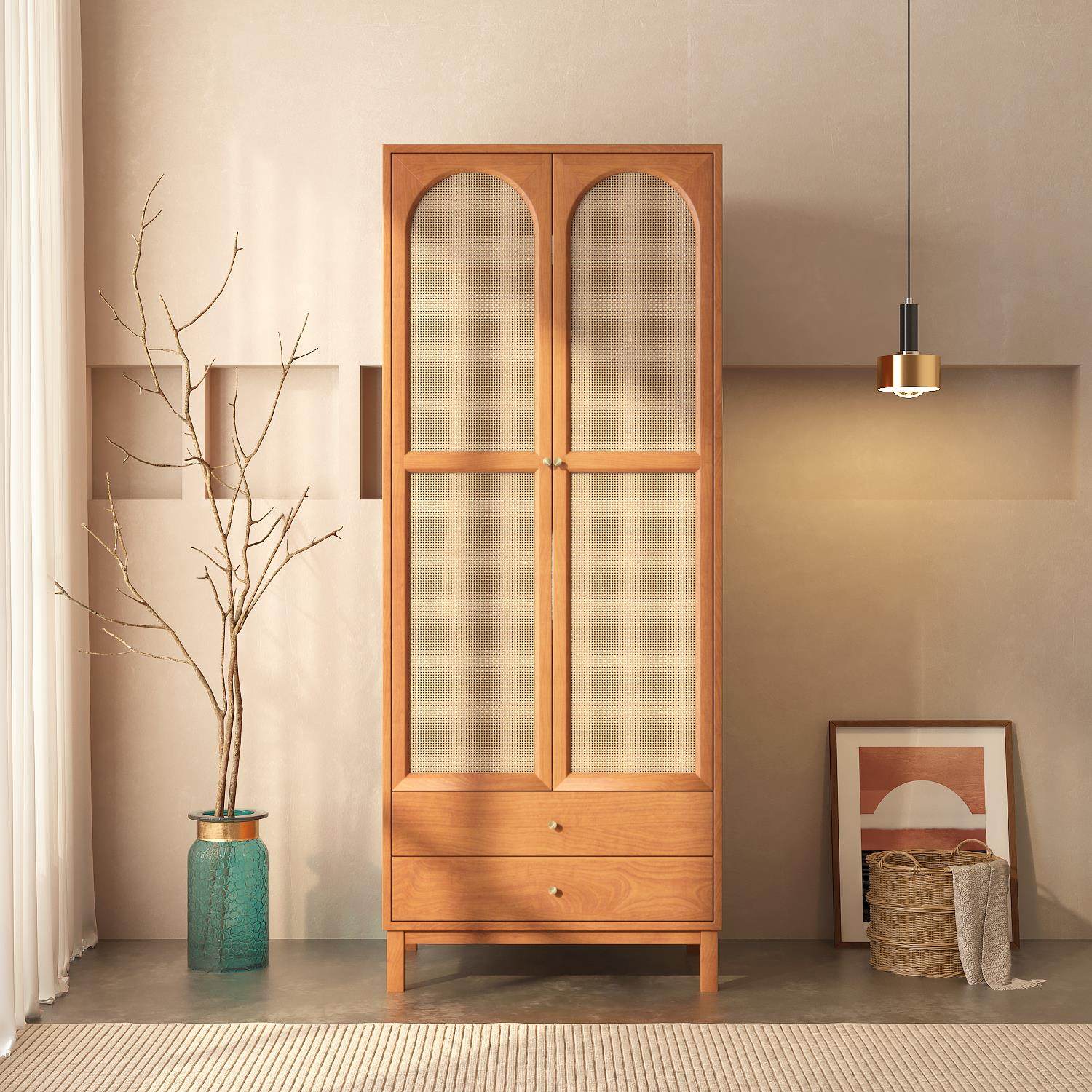 实木衣柜家用藤编卧室简易挂衣杆柜子收纳储物柜民宿中古风衣橱