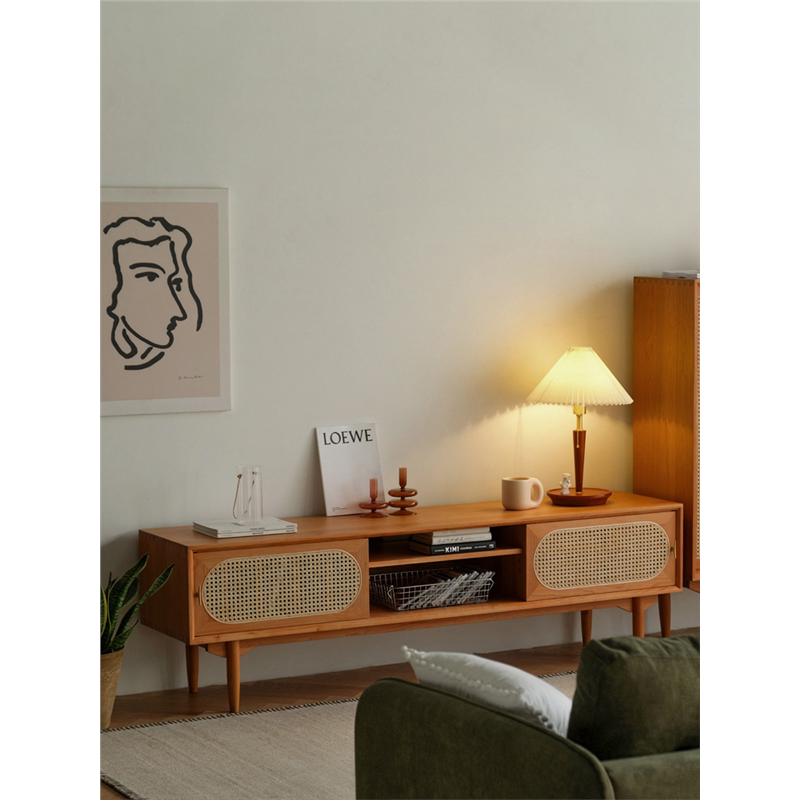 日式实木藤编电视柜影视柜简约小户型电视机柜中古风格北欧家具