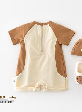 2025夏季新款韩版儿童小熊印花泳衣 婴幼童卡通泳装拼接爬服52876