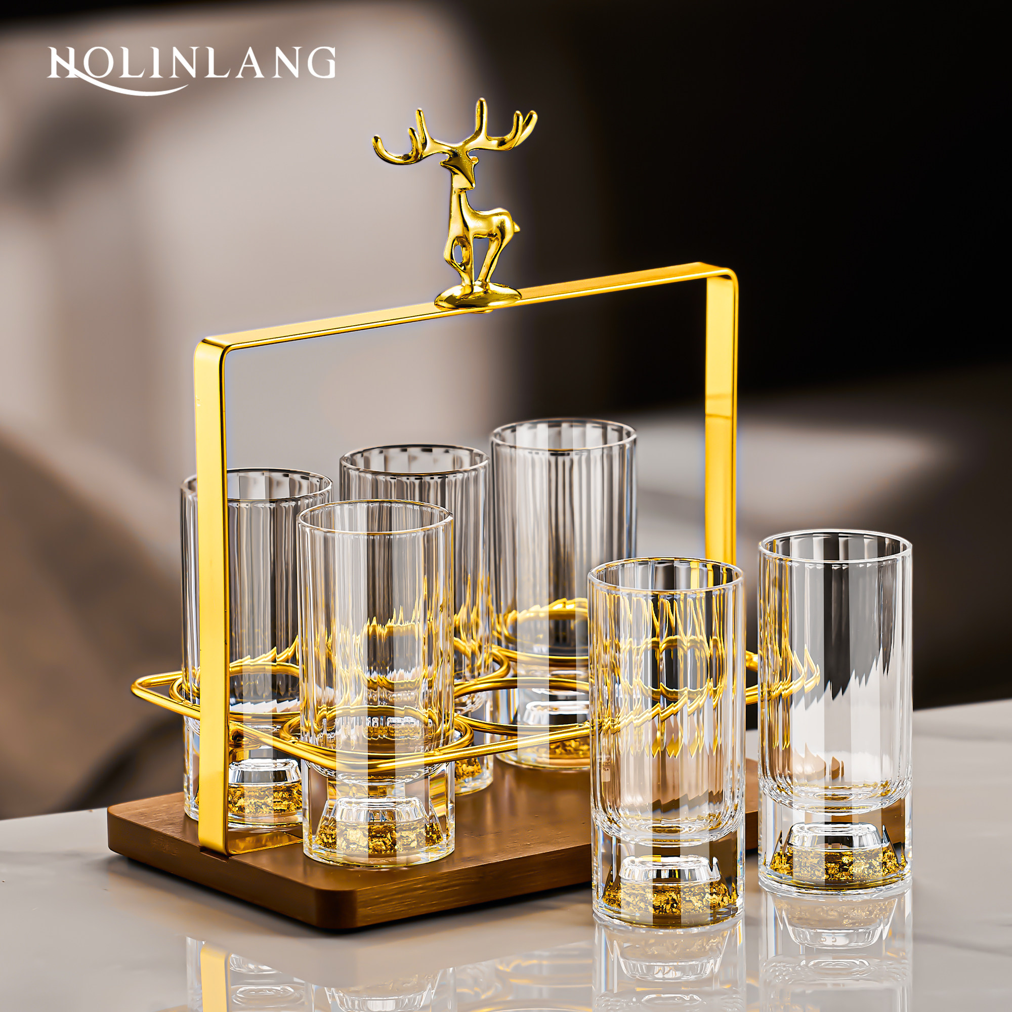 高档轻奢水晶玻璃白酒杯套装金色鹿装饰家用酒具套装,餐饮具,白酒杯,淘宝优惠券,粉丝福利购,淘宝优惠卷