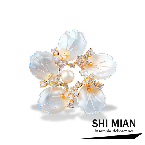 新品天然贝壳樱花胸针女高档