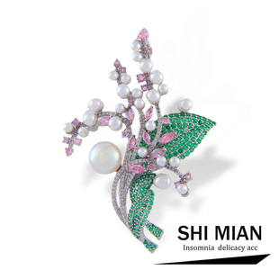 大衣胸花别针配饰 重工铃兰花仿珍珠绿叶花朵胸针女高级感精致西装