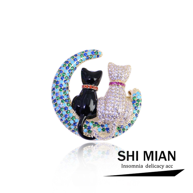 彩色锆石月亮猫咪胸针女设计感小众百搭西装服饰胸花别针创意礼物