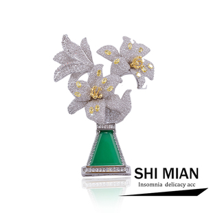 新品国风东方美学典雅插花瓶百合花胸针奢华旗袍大衣胸花别针配饰