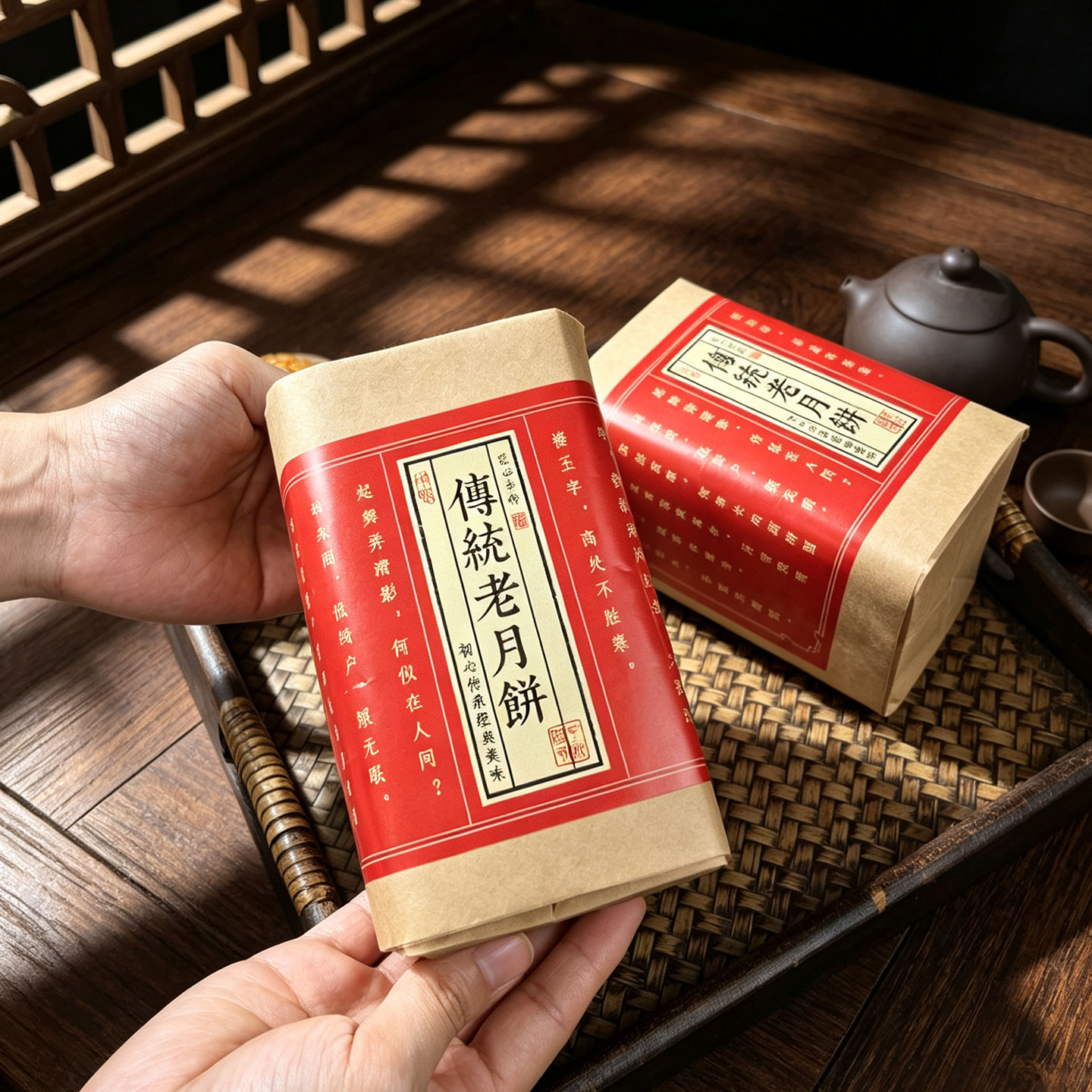 中秋老式手提方底纸袋红色打包袋