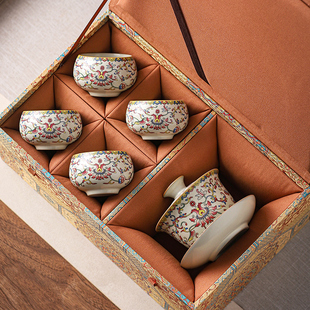 汝窑粉彩盖碗茶杯子功夫茶具一壶四杯小套装2026新款礼盒装伴手礼