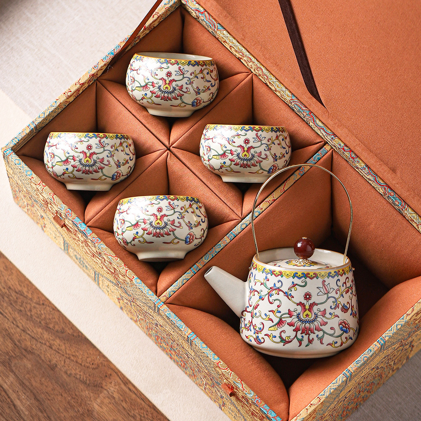 汝窑一壶四杯功夫茶具提梁壶送长辈送人高档茶壶茶杯乔迁新居礼物,餐饮具,茶具礼盒,淘宝优惠券,粉丝福利购,淘宝优惠卷