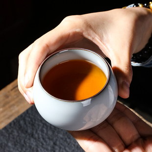 仿宋官窑茶杯粗陶铁胎紫口 凌胜 青瓷开片可养陶瓷主人杯单杯