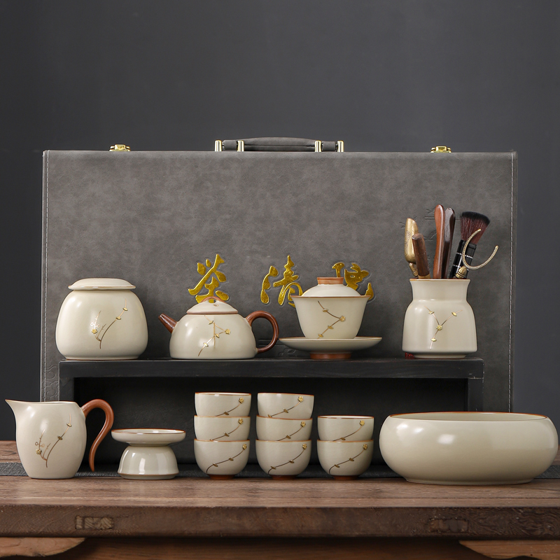 锯钉汝窑茶具套装高档送礼礼盒装