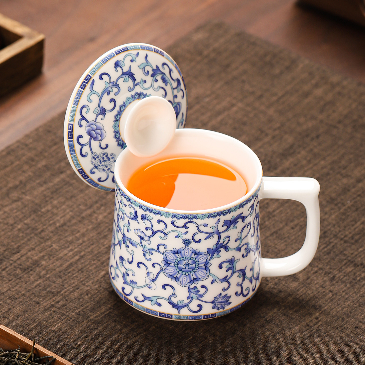 羊脂玉白瓷青花办公杯水杯陶瓷大容量喝茶杯个人专用会议杯泡茶杯