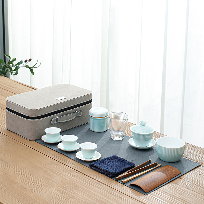 凌胜茶艺教学套装陶瓷旅行茶具套装收纳便携包功夫茶具盖碗简约