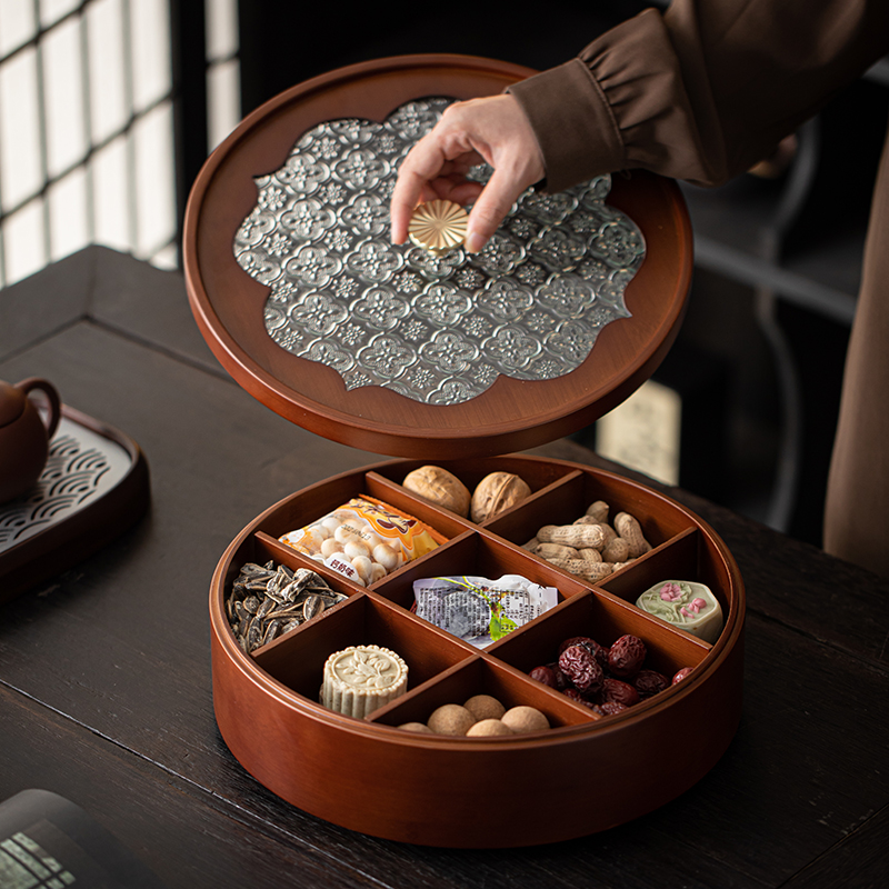 复古风竹木质分格盘家用茶几零食收纳盒中式圆形古典花纹果盘圆盘