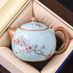 汝窑天青茶壶单个西施壶家用功夫茶道茶具陶瓷开片可养泡茶器新款