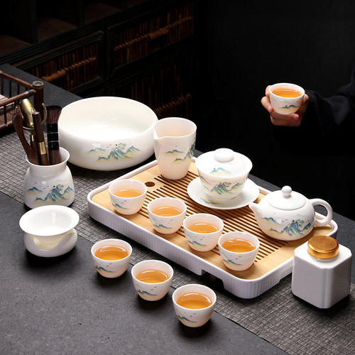 千里江山羊脂玉白瓷功夫茶具套装