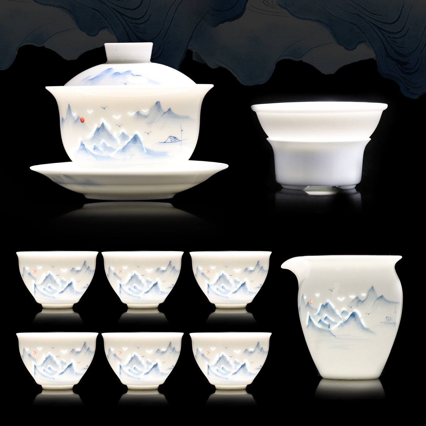 玲珑山水陶瓷功夫茶具套装中国风盖碗茶杯家用高档办公室泡茶整套