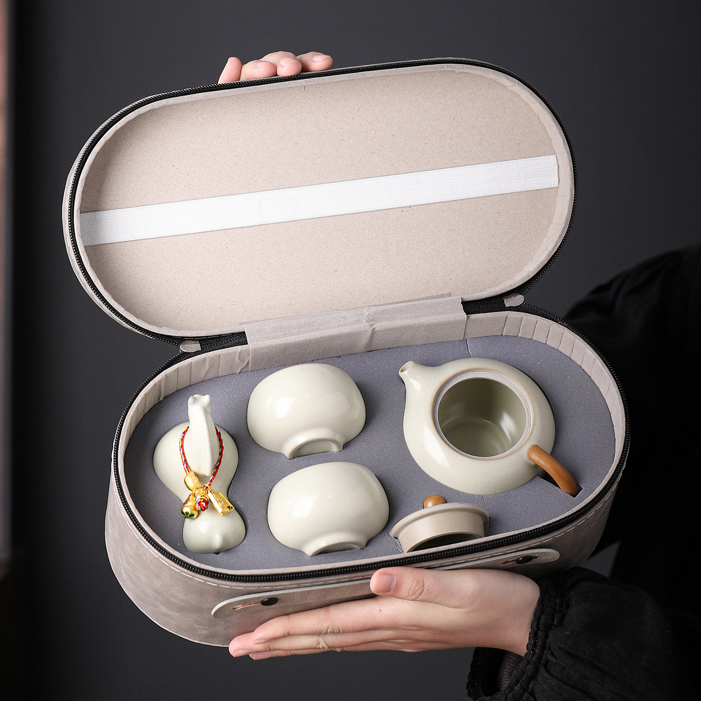 汝窑便携旅行茶具套装一壶二杯功夫茶具手提户外露营快客杯一人饮,餐饮具,旅行茶具,淘宝优惠券,粉丝福利购,淘宝优惠卷