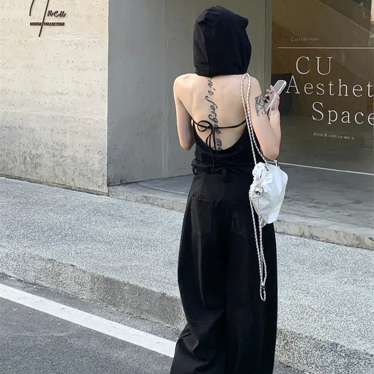 2025美式辣妹连帽挂脖吊带背心女夏季设计感别致露背黑色上衣