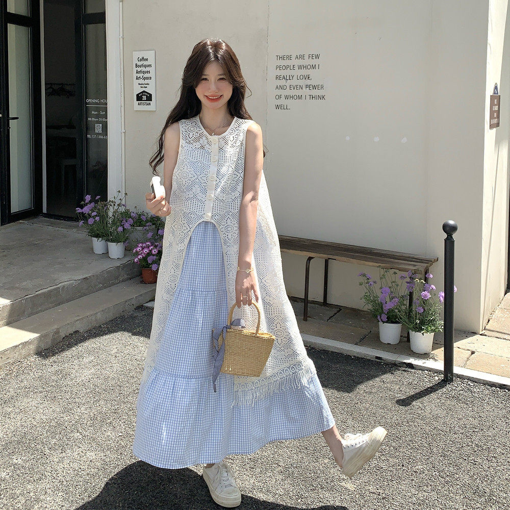 2524kp145k208罩衫格子背心连衣裙套装女夏两件套叠穿甜美度假风