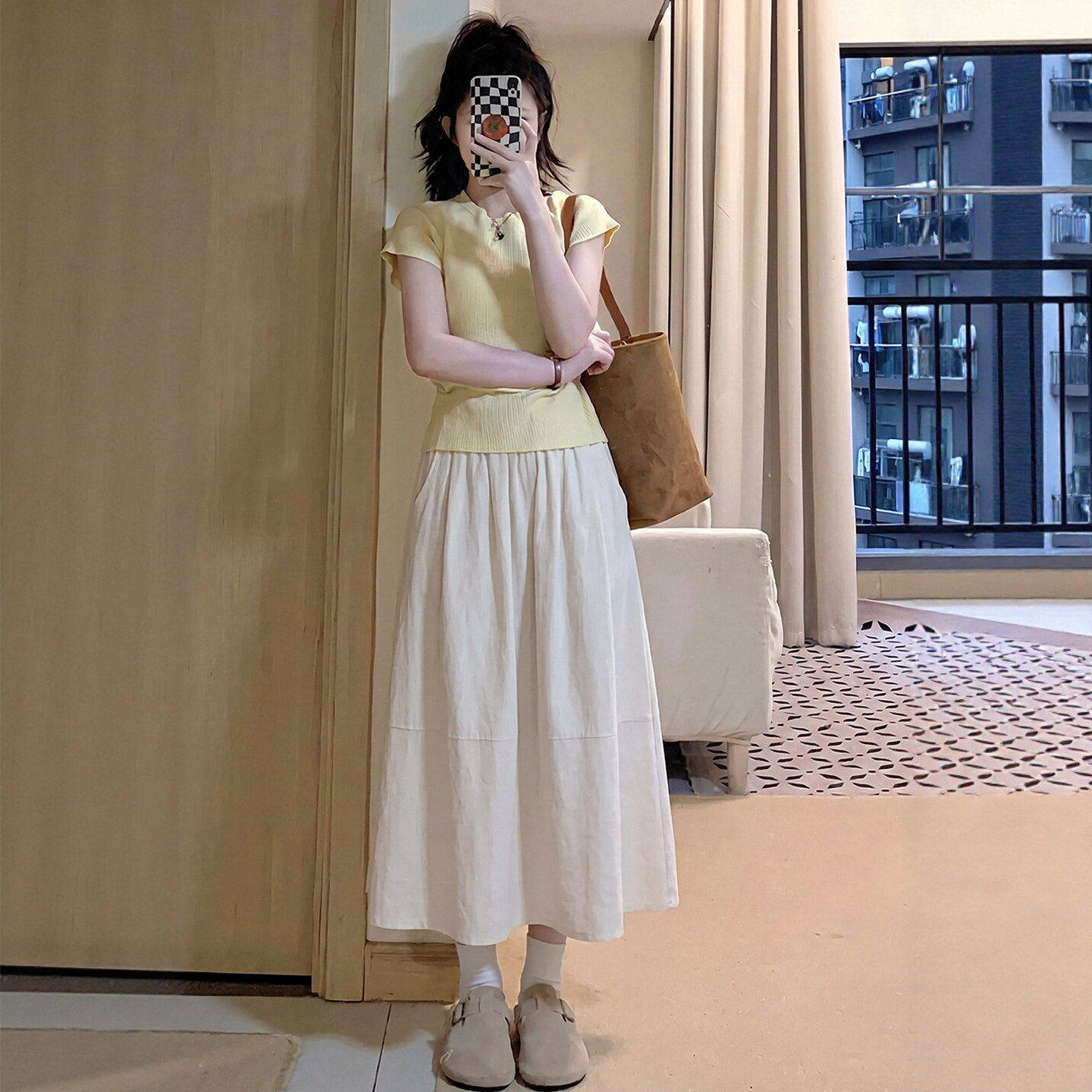 白色半身裙女夏季中长款肌理感棉麻山本裙小个子高腰a字百褶长裙