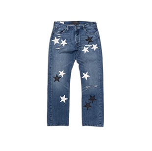 罗志祥GOTNOFEARS正品白+黑色皮革星星古著牛仔裤男女同款