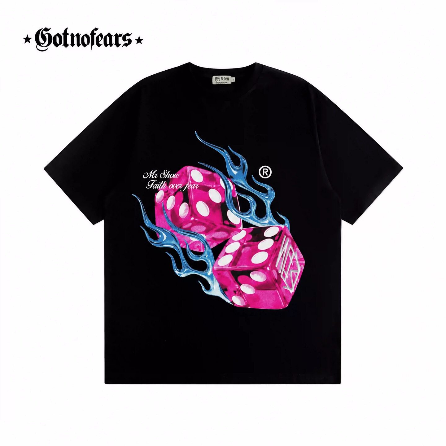 罗志祥Gotnofears正品MR.SHOW粉色骰子蓝色火焰印花短袖男女同款