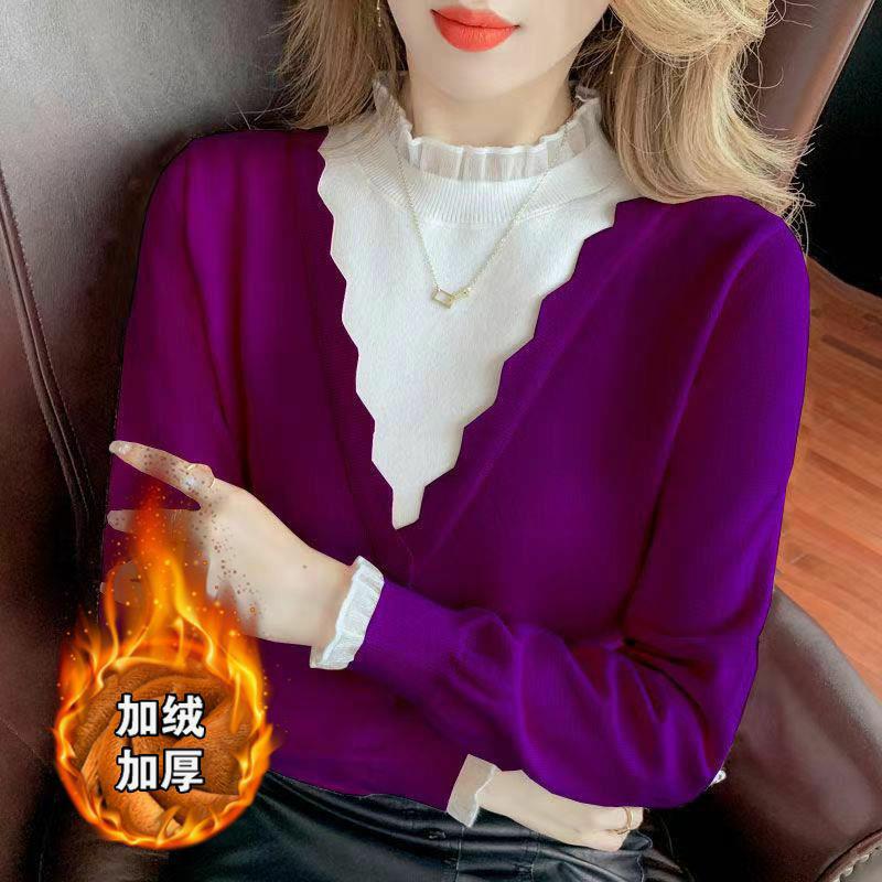加绒/不加绒秋冬装款假两件拼接打底针织衫女气质长袖上衣设计感