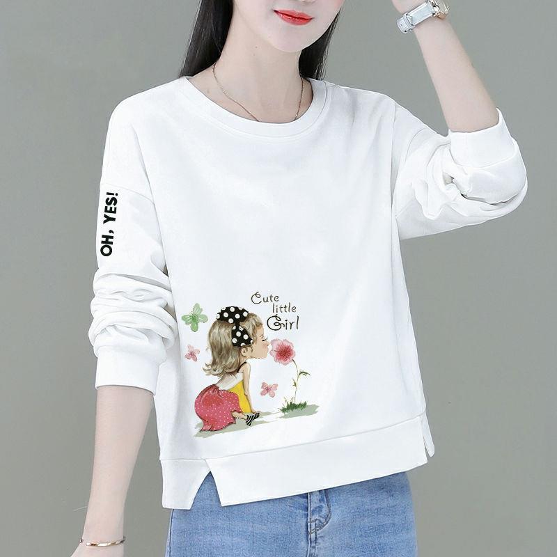 棉白色短款卫衣女春秋款韩版宽松矮个子高腰上衣女长袖T恤衫个性