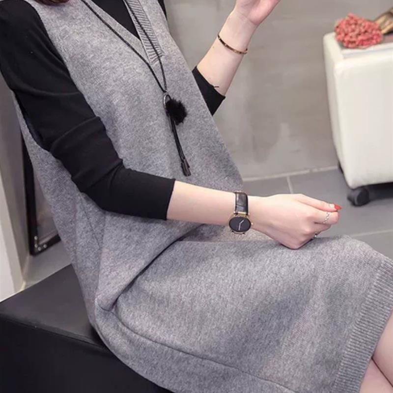 秋冬新款针织马甲蕾丝背心裙中长款韩版背心连衣裙女宽松显瘦搭配