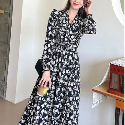 新款秋冬加绒长袖碎花甜美连衣裙中长款大码气质收腰打底裙女指环