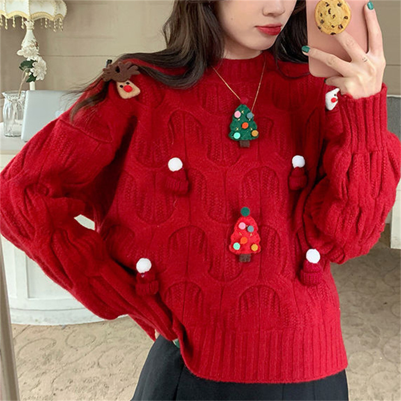 Red Christmas sweater autumn/winter loose top for women毛衣