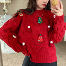 Red Christmas sweater autumn/winter loose top for women毛衣