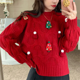 autumn winter loose Red for sweater top women毛衣 Christmas