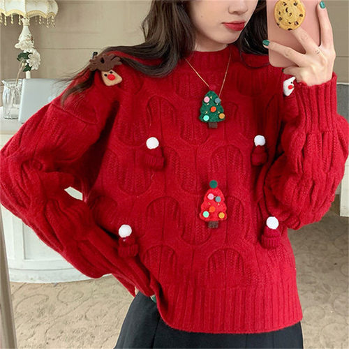 Red Christmas sweater autumn/winter loose top for women毛衣