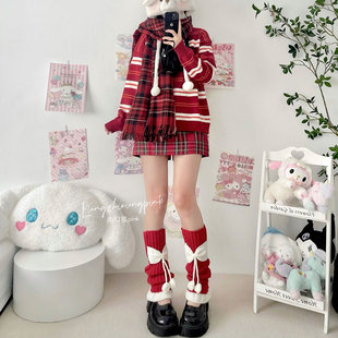 新年圣诞jk袜套保暖毛球腿套花边拼色蝴蝶结本命年红色小腿堆堆袜