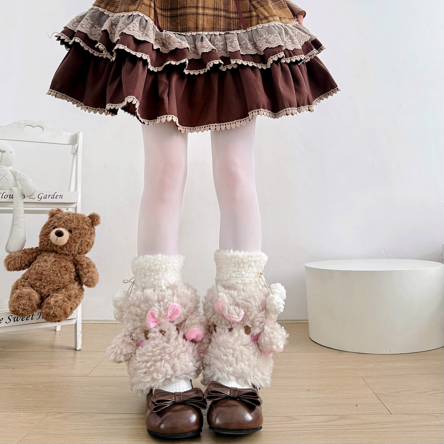 Lolita呆萌绵羊蝴蝶结毛毛袜套少女可爱毛绒腿套保暖中筒袜秋冬