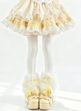 自制奶油夹星黄色星星绑带蝴蝶结加厚毛毛保暖腿套Lolita甜美袜套