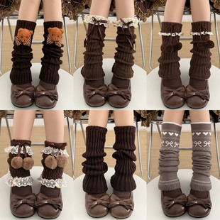 咖啡色腿套合集秋冬美拉德色系可爱花边蝴蝶结腿套针织羊毛堆堆袜