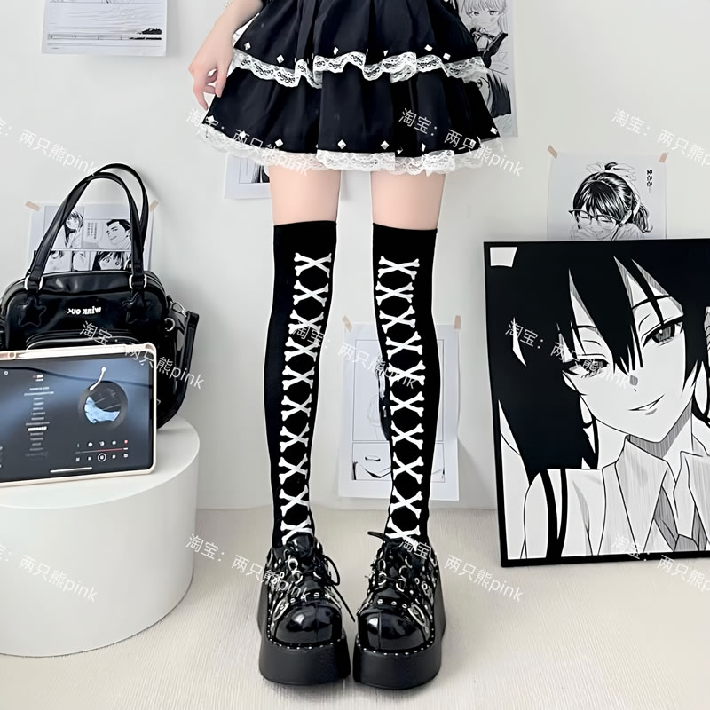 夏日系cosplay显瘦黑丝过膝袜亚文化骨头天鹅绒高筒袜女暗黑朋克