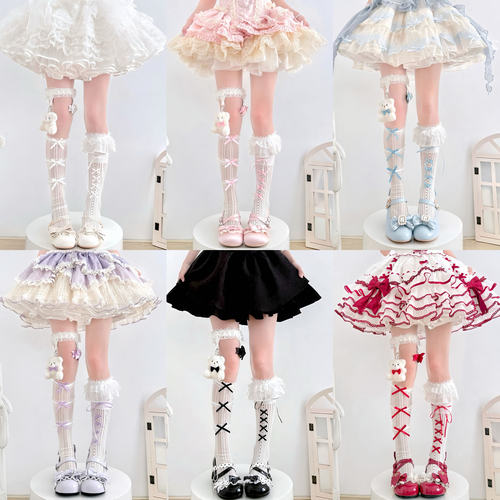 Lolita甜妹叠穿蕾丝蝴蝶结花边袜