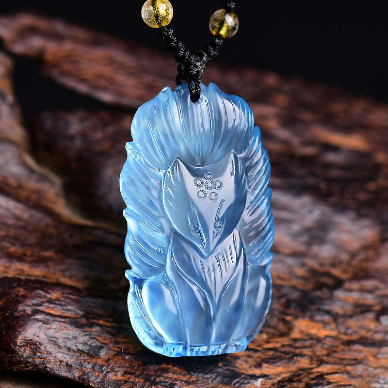 天然海蓝宝狐狸吊坠九尾狐蓝水晶小狐狸项链女蓝色挂件饰品可定制